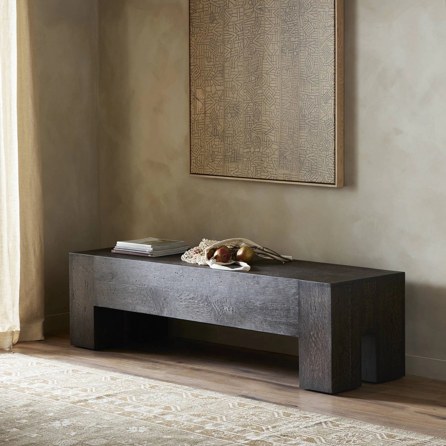 031 SI-2137147 | Lifestyle | Abaso Accent Bench by Four Hands in ebony rustic wormwood oak. Made from thick oak veneer, engineered hardwood in a modern style.
