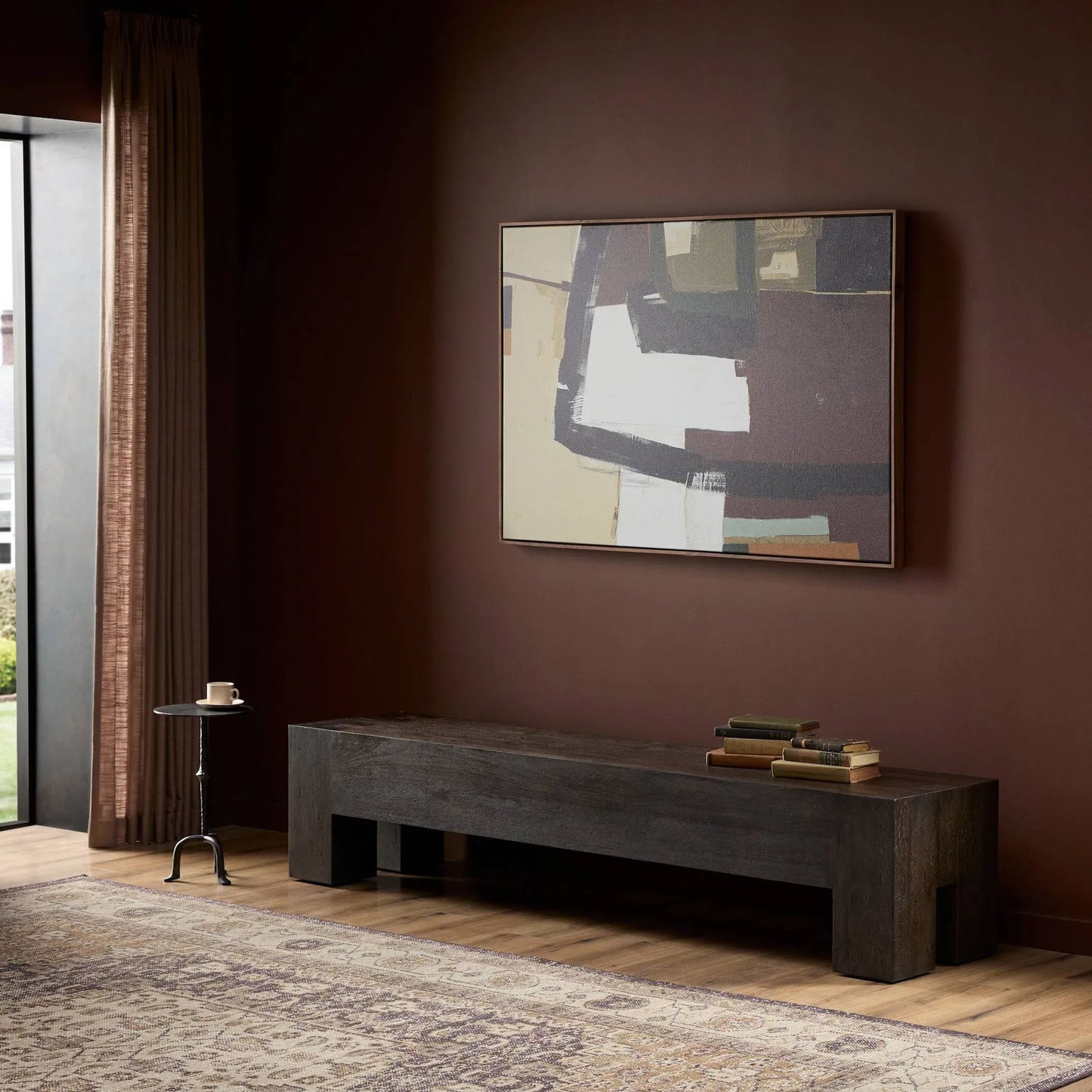 049 SI-2000875 | Lifestyle | Abaso Large Accent Bench by Four Hands in ebony rustic wormwood oak. Made from thick oak veneer, engineered hardwood in a modern style.