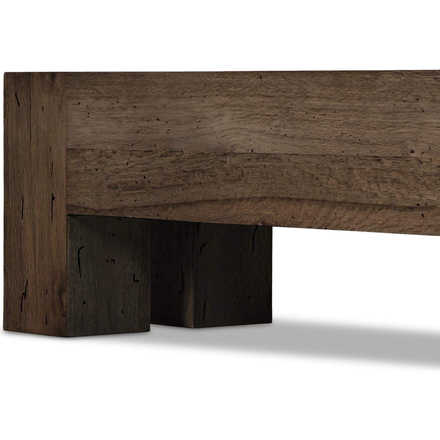 004 SI-2000875 | Closeup | Abaso Large Accent Bench by Four Hands in ebony rustic wormwood oak. Made from thick oak veneer, engineered hardwood in a modern style.