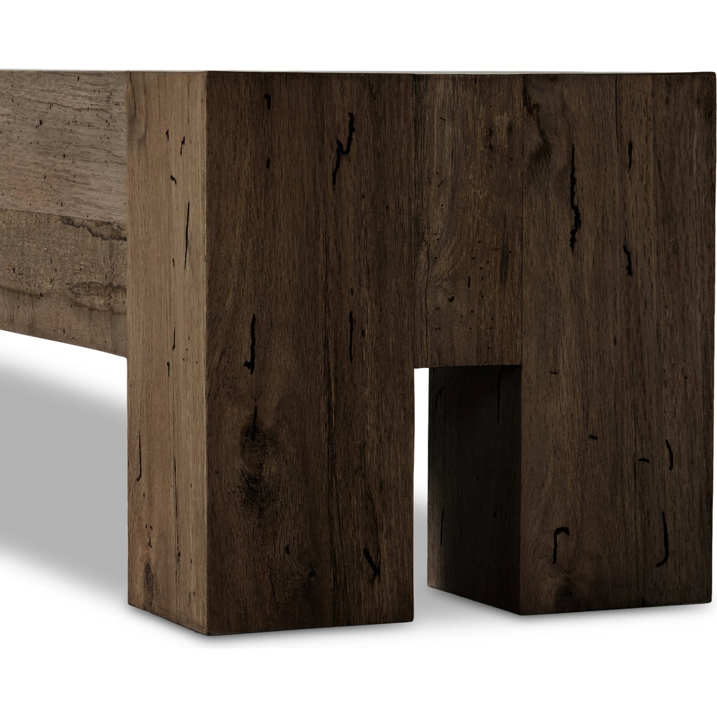 006 SI-2000875 | Closeup | Abaso Large Accent Bench by Four Hands in ebony rustic wormwood oak. Made from thick oak veneer, engineered hardwood in a modern style.