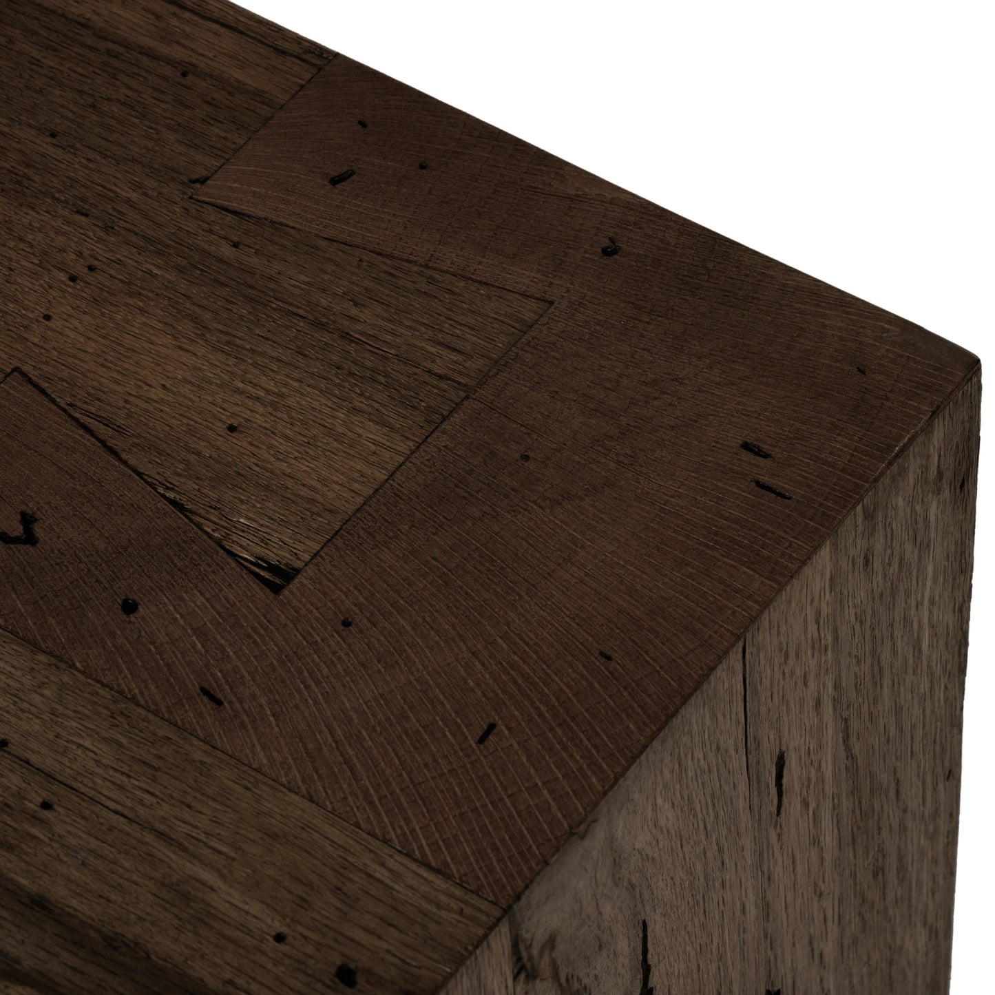 008 SI-2000875 | Closeup | Abaso Large Accent Bench by Four Hands in ebony rustic wormwood oak. Made from thick oak veneer, engineered hardwood in a modern style.