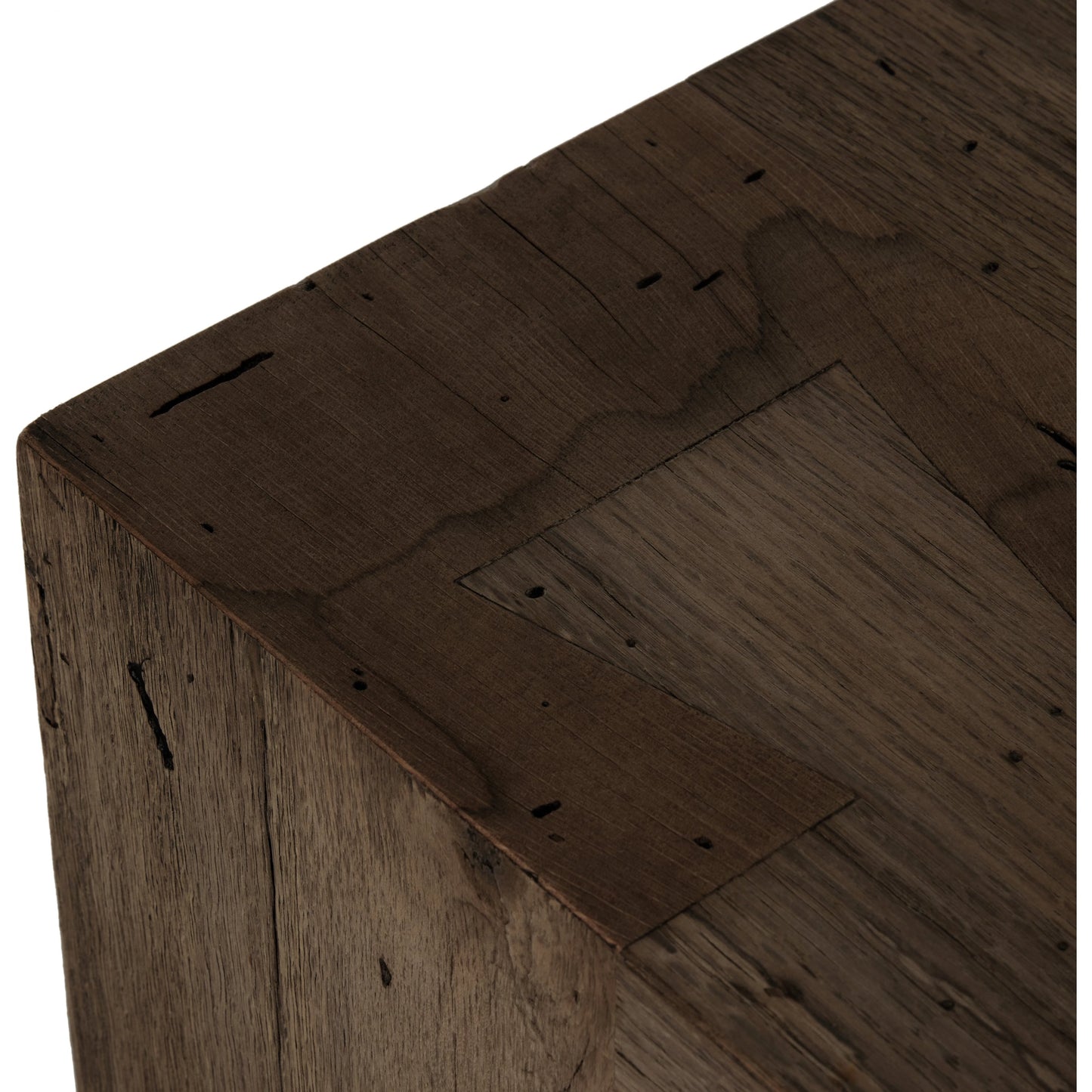 010 SI-2000875 | Closeup | Abaso Large Accent Bench by Four Hands in ebony rustic wormwood oak. Made from thick oak veneer, engineered hardwood in a modern style.