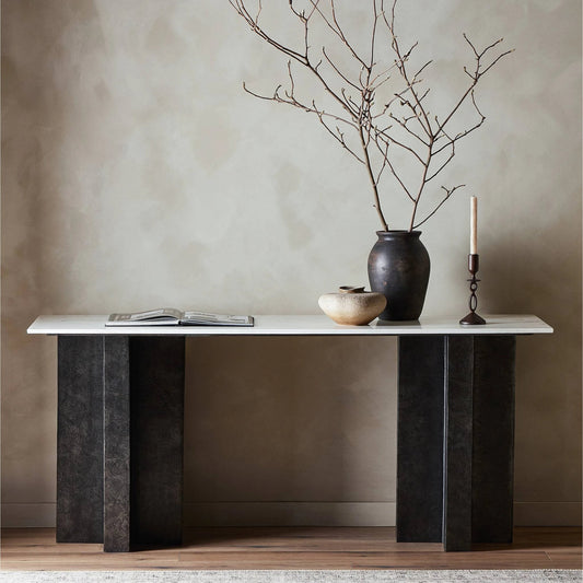 Terrell Large Console Table by Four Hands in polished white marble, raw black. Made from solid marble, aluminum, engineered hardwood in a modern style.