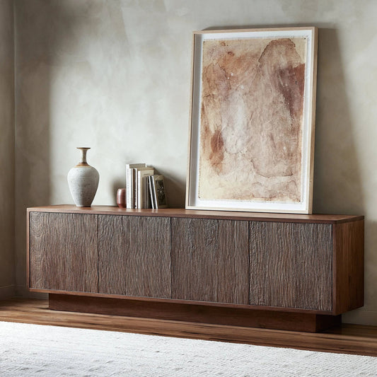 Gilmore Media Console by Four Hands in aged mango. Made from solid mango in a modern style.
