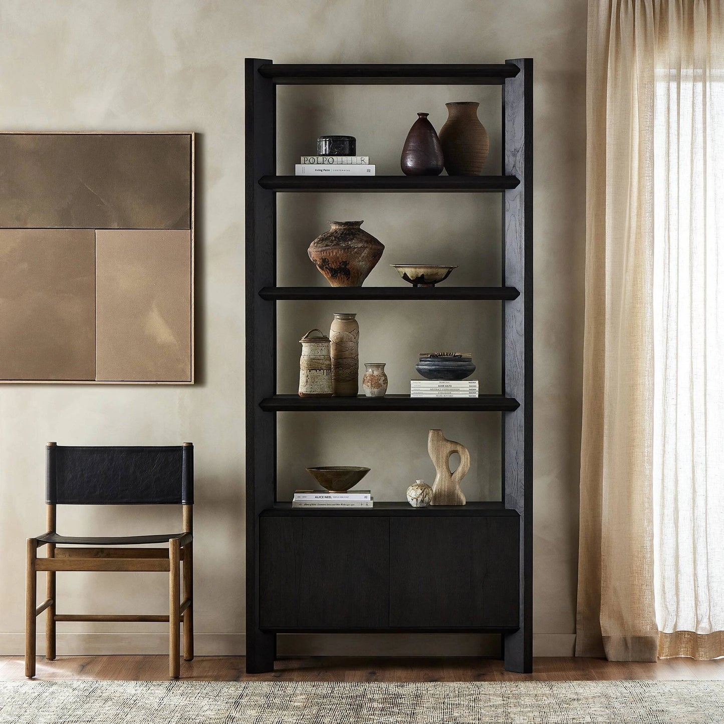 010 SI-2137546 | Lifestyle | Orwin Bookshelf by Four Hands in smoked black oak. Made from solid oak, thick oak veneer in a modern style.