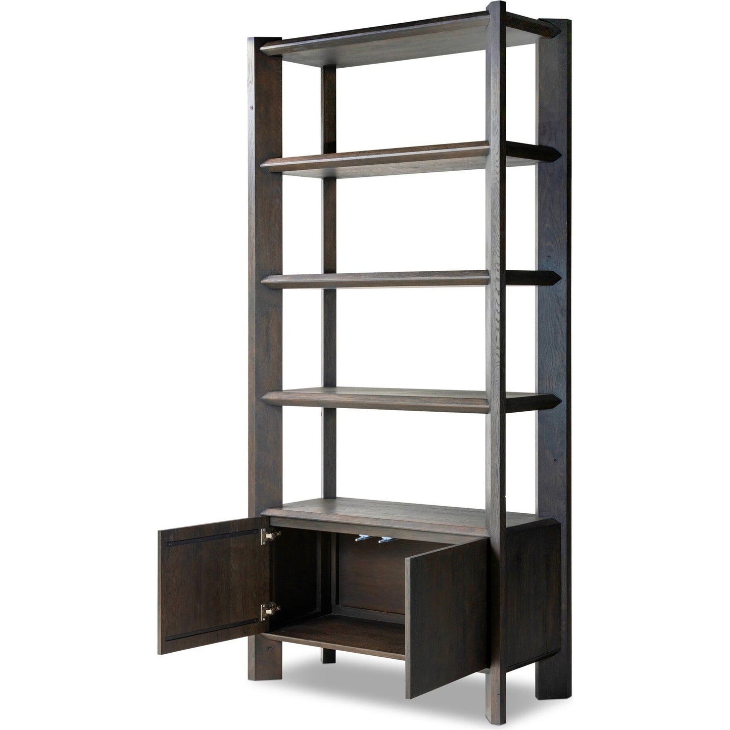 005 SI-2137546 | Closeup | Orwin Bookshelf by Four Hands in smoked black oak. Made from solid oak, thick oak veneer in a modern style.