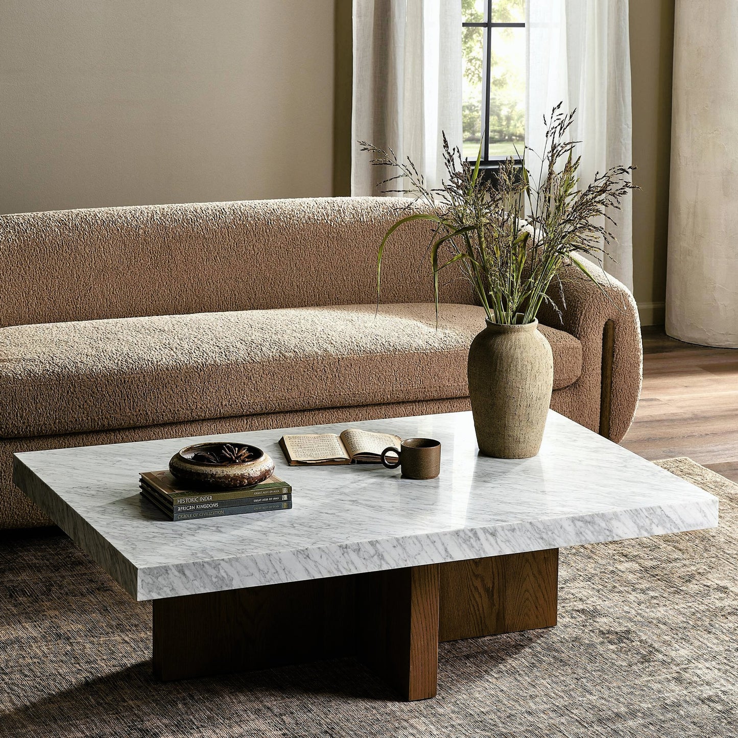 010 SI-2158060 | Lifestyle | Bellamy Rectangular Coffee Table by Four Hands in white carrara marble, smoked oak veneer and white carrara marble. Made from carrara solid, thick oak veneer, poplar plywood in a modern style.