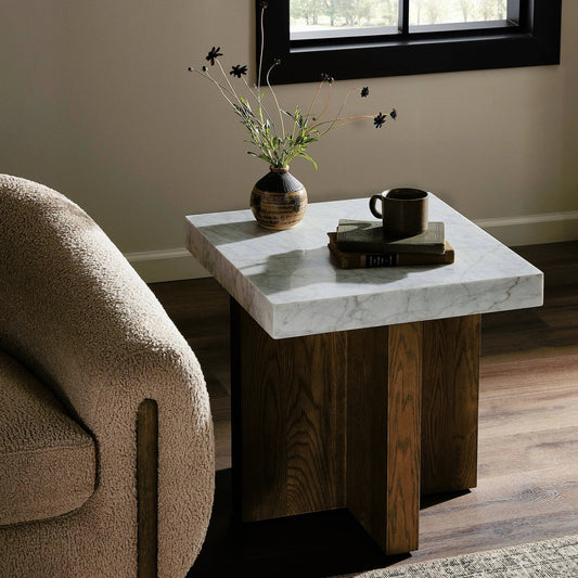 Bellamy End Table by Four Hands in white carrara marble, smoked oak veneer and white carrara marble. Made from carrara solid, thick oak veneer, poplar plywood in a modern style.