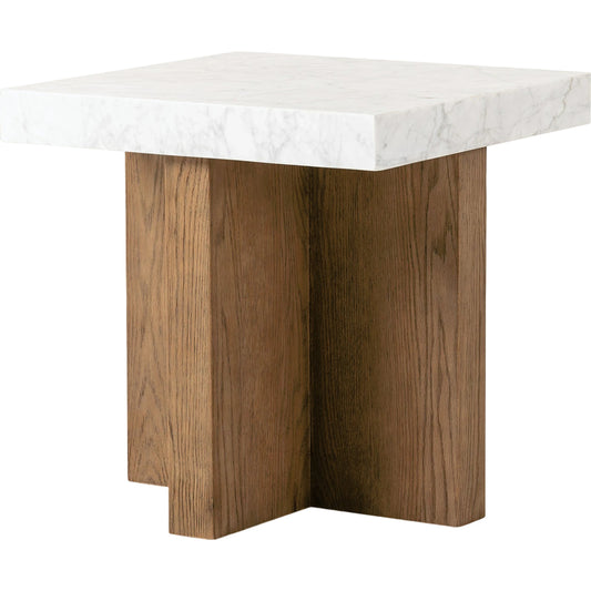Bellamy End Table by Four Hands in white carrara marble, smoked oak veneer and white carrara marble. Made from carrara solid, thick oak veneer, poplar plywood in a modern style.