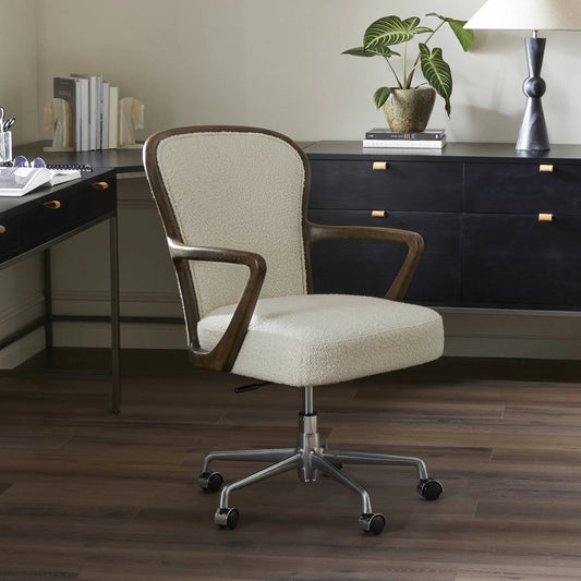 Lilo Desk Chair by Four Hands in durham cream, polished aluminum, aspen grey ash. Made from 61% polyester, 39% wool, aluminum, solid ash in a unique style.