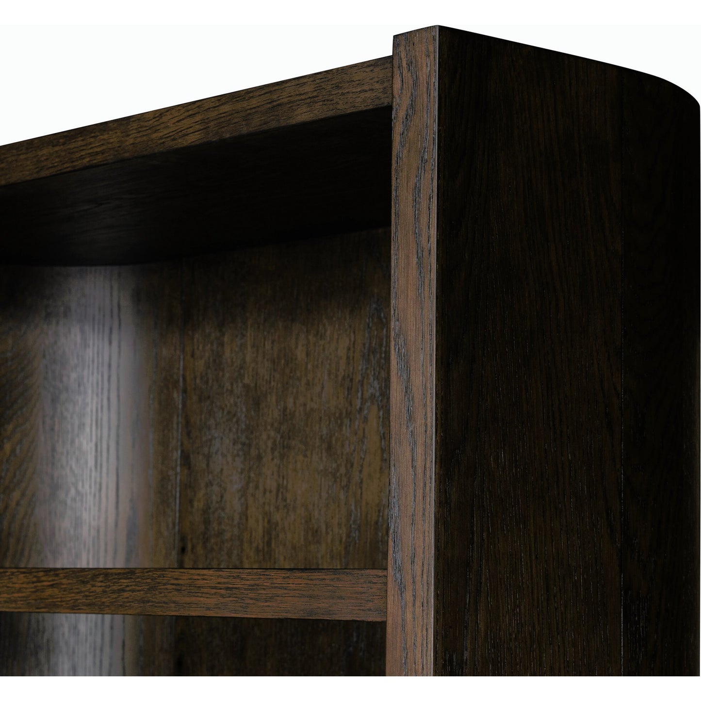 005 SI-2158281 | Closeup | Lockhart Bookcase by Four Hands in rubbed black oak solid, rubbed black veneer and rubbed black oak solid. Made from solid oak, oak veneer in a modern style.