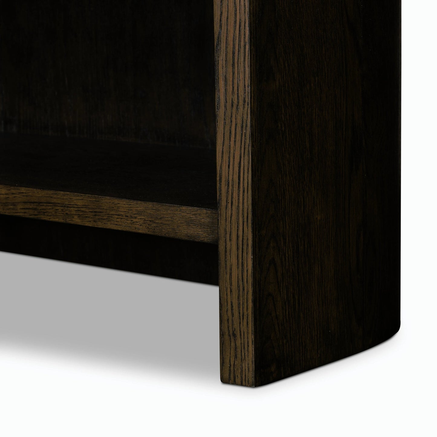 007 SI-2158281 | Closeup | Lockhart Bookcase by Four Hands in rubbed black oak solid, rubbed black veneer and rubbed black oak solid. Made from solid oak, oak veneer in a modern style.