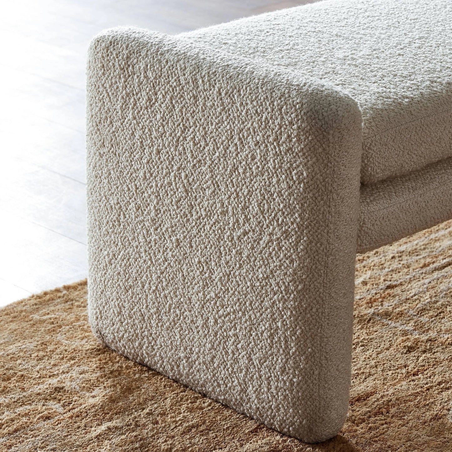 010 SI-2137584 | Closeup | Serena Accent Bench by Four Hands in durham cream. Made from 61% polyester, 39% wool, poplar plywood, 100% polyester in a modern style.