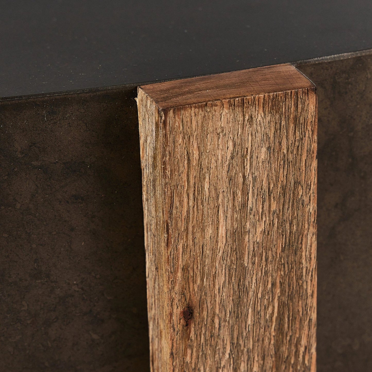 007 SI-2137208 | Closeup | Bingham Large Coffee Table by Four Hands in distressed iron, rustic oak. Made from iron, thick oak veneer, engineered hardwood in a modern style.