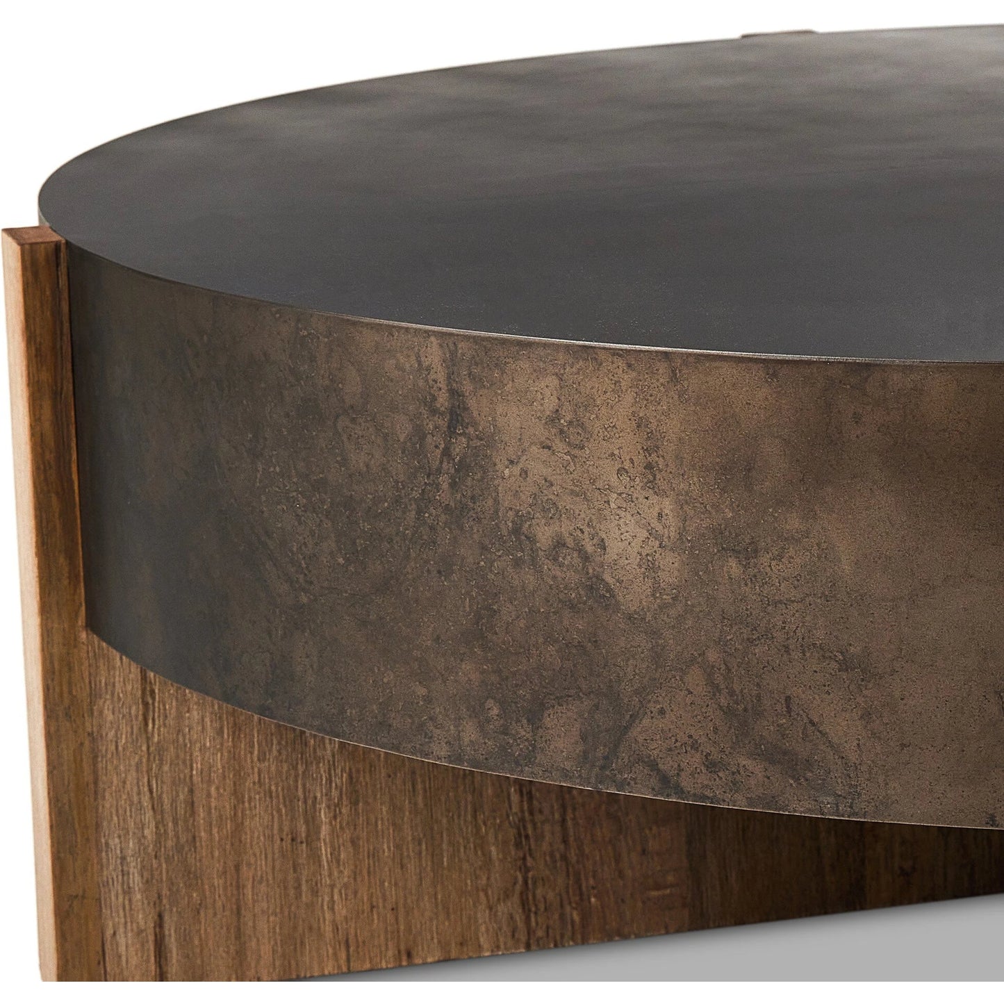 010 SI-2137208 | Closeup | Bingham Large Coffee Table by Four Hands in distressed iron, rustic oak. Made from iron, thick oak veneer, engineered hardwood in a modern style.