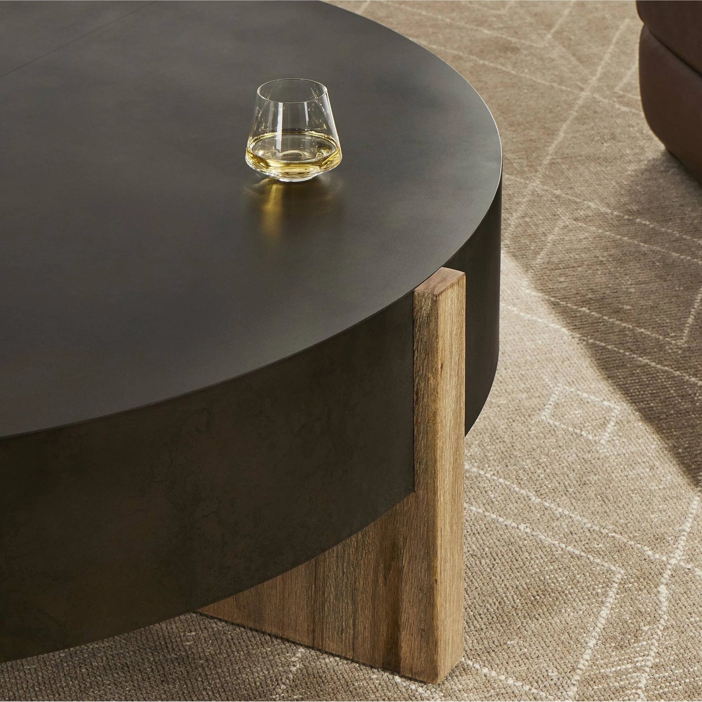 013 SI-2137208 | Closeup | Bingham Large Coffee Table by Four Hands in distressed iron, rustic oak. Made from iron, thick oak veneer, engineered hardwood in a modern style.