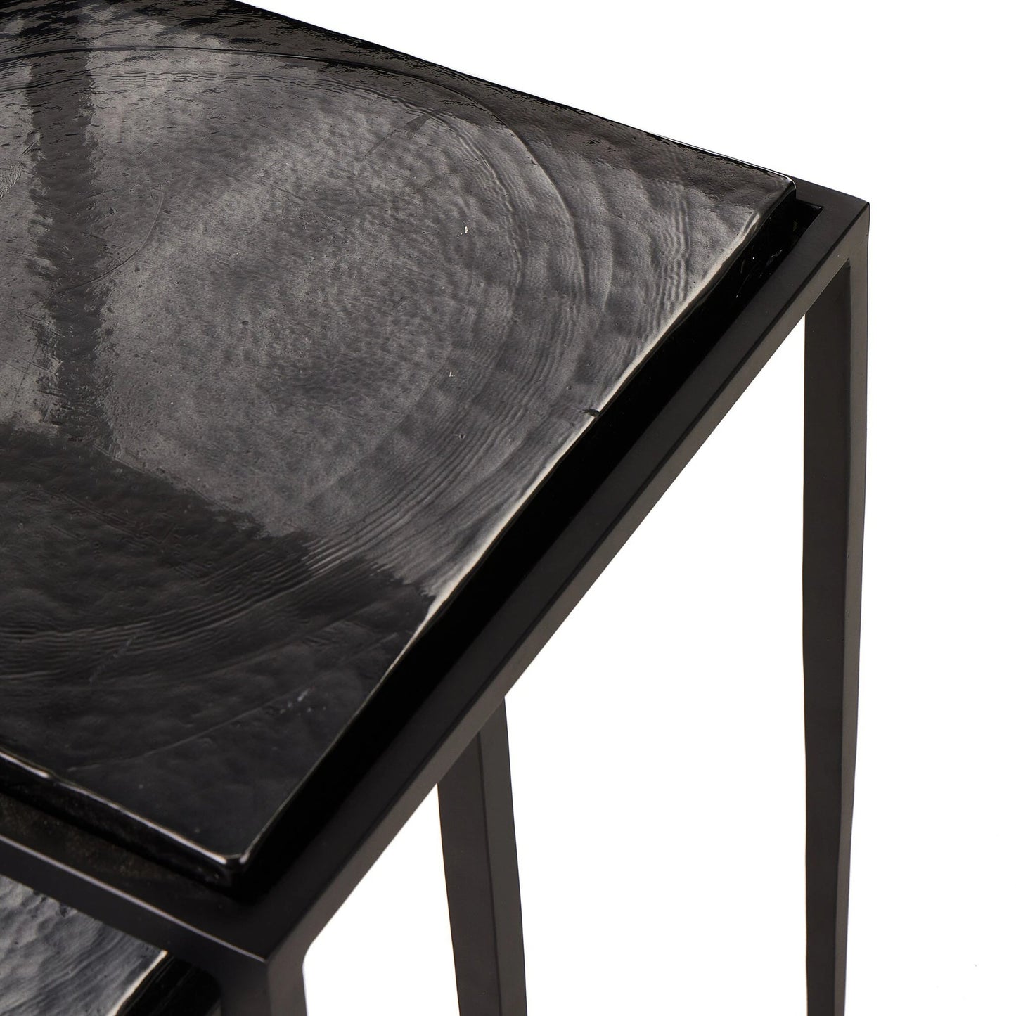 004 SI-2137287 | Closeup | Dalston Cast Glass Nesting Tables by Four Hands in smoked black cast glass, iron matte black. Made from cast glass, iron in a modern style.