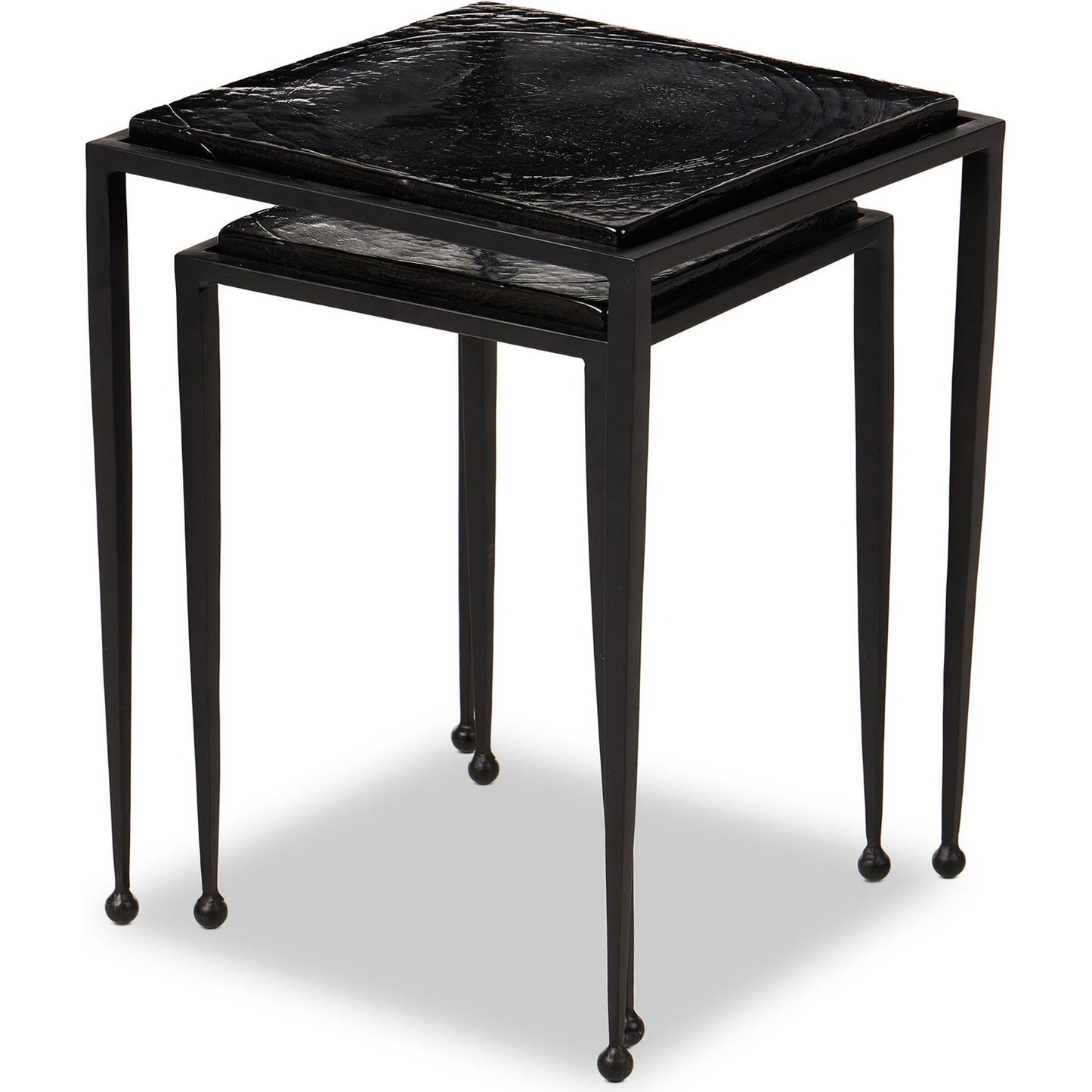 006 SI-2137287 | Closeup | Dalston Cast Glass Nesting Tables by Four Hands in smoked black cast glass, iron matte black. Made from cast glass, iron in a modern style.