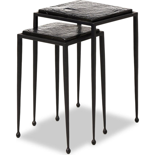 Dalston Cast Glass Nesting Tables by Four Hands in smoked black cast glass, iron matte black. Made from cast glass, iron in a modern style.