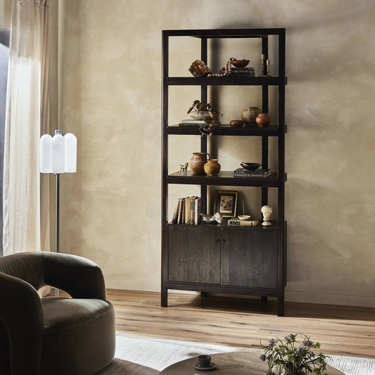 Reza Bookcase by Four Hands in worn black acacia, worn black parawood. Made from solid acacia, solid parawood in a modern style.