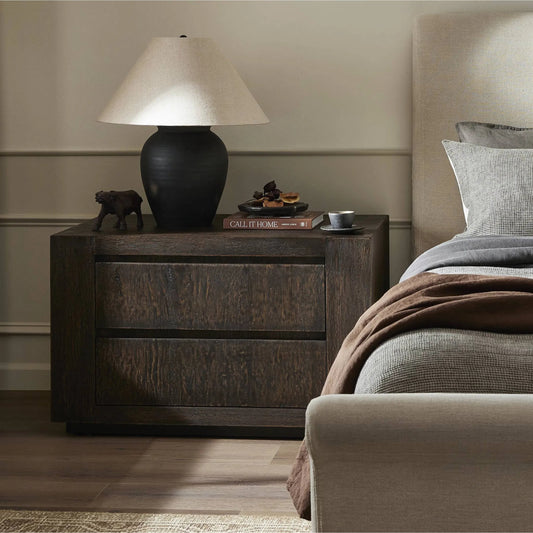 Abaso Nightstand by Four Hands. Made from thick oak veneer, engineered hardwood in a modern style.