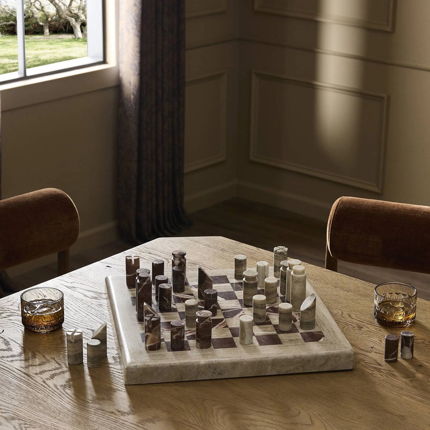 010 SI-2535343 | Lifestyle | Stone Chess Set by Four Hands in antique white marble, merlot marble. Made from solid marble in a unique style.