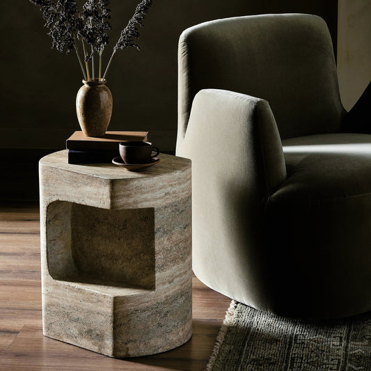 Clementine End Table by Four Hands in textured sandy grey. Made from concrete in a modern style.