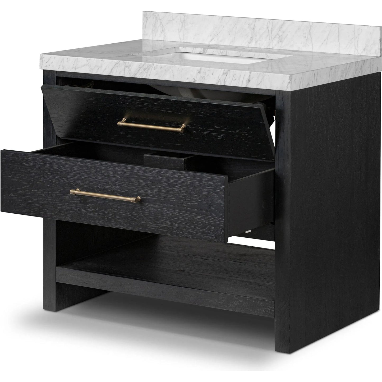 021 SI-2377098 | Closeup | Anthem Single Vanity by Four Hands. Made from thick oak veneer, solid marble in a unique style.
