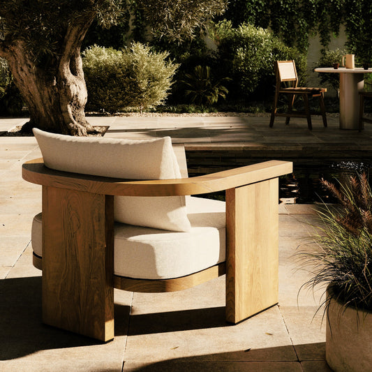 Tahana Outdoor Chair by Four Hands in alessi linen, stained toasted brown-fsc. Made from 100% polypropylene, solid fsc®-certified teak, 59% polyurethane foam, 30% polyester fiber, 11% polyester fiber batting in a modern style.