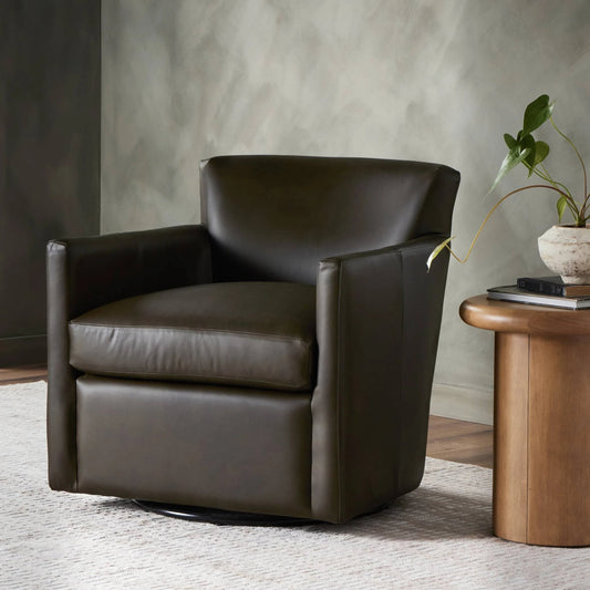 Miriam Swivel Chair by Four Hands in heirloom cigar. Made from top grain leather, pine plywood, solid pine in a modern style.