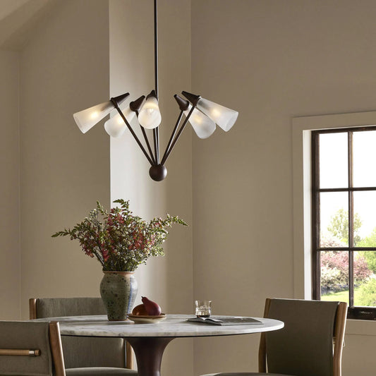 Ludwig Chandelier by Four Hands in rust, frosted glass. Made from iron, glass in a modern style.