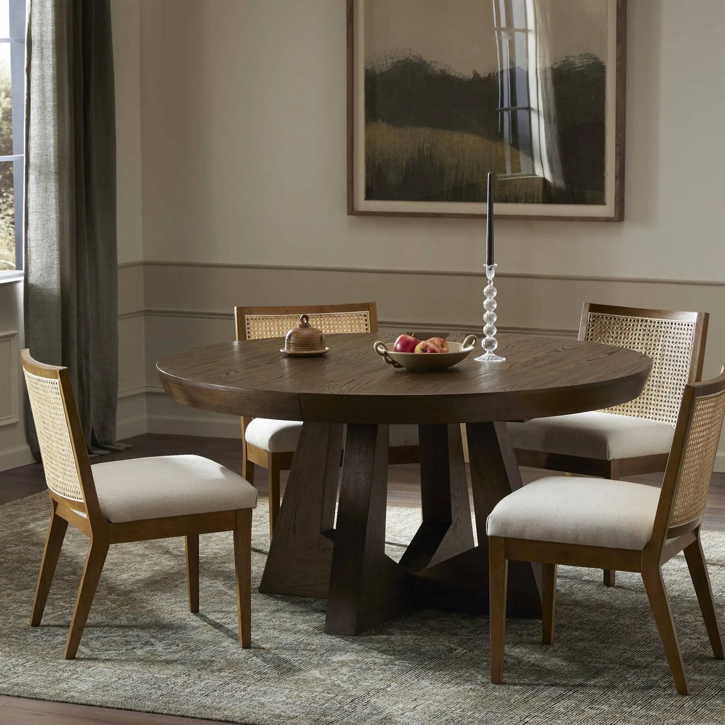 012 SI-2377062 | Lifestyle | Zelda Round Extension Dining Table by Four Hands in fawn oak veneer. Made from oak veneer, solid oak in a transitional style.