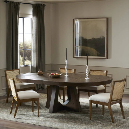 Zelda Round Extension Dining Table by Four Hands in fawn oak veneer. Made from oak veneer, solid oak in a transitional style.
