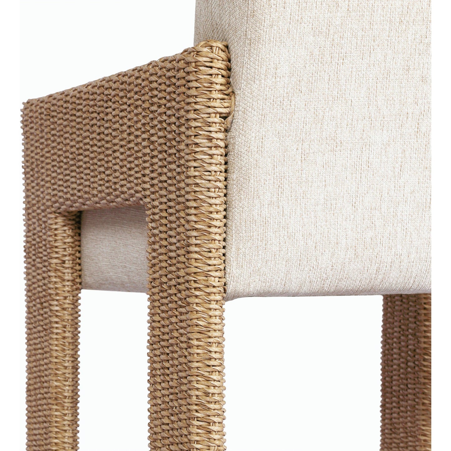 023 SI-2158027 | Closeup | Amur Outdoor Dining Chair by Four Hands. Made from 100% olefin, 100% polyethylene, 74% polyurethane foam pad, 26% polyester fiber batting in a modern style.