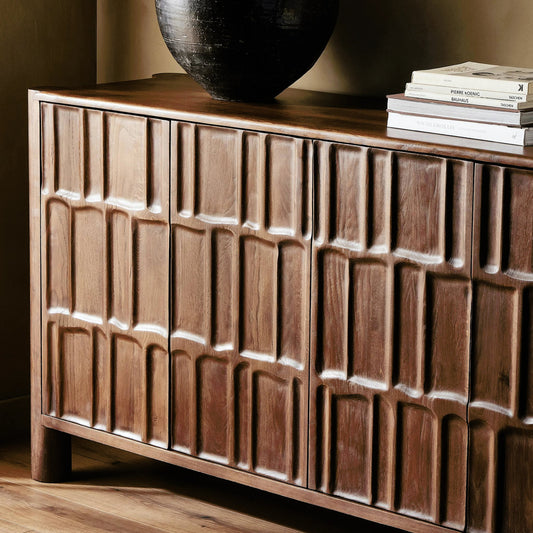 Ezri Sideboard by Four Hands in cocoa oak, carved cocoa oak. Made from solid oak in a modern style.