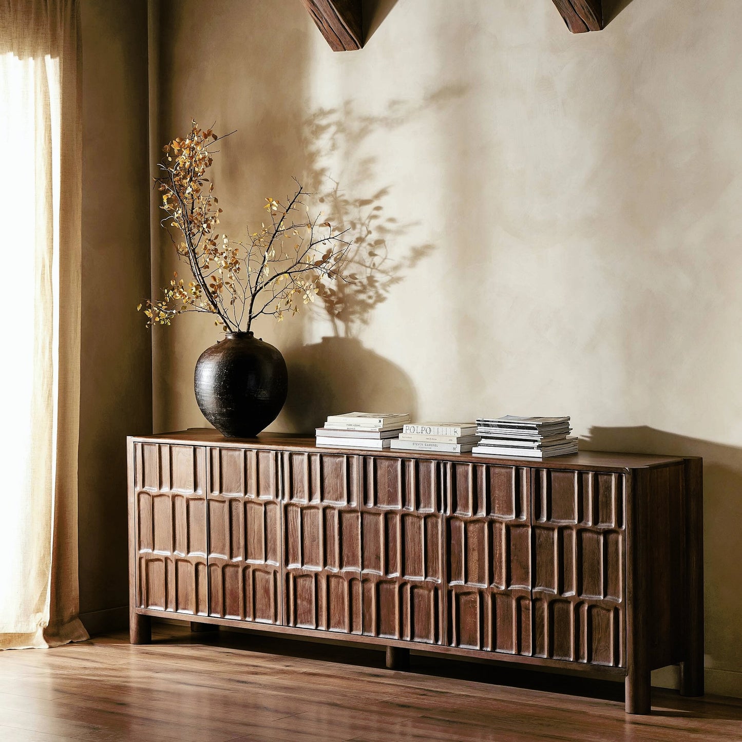 014 SI-2158153 | Lifestyle | Ezri Sideboard by Four Hands in cocoa oak, carved cocoa oak. Made from solid oak in a modern style.