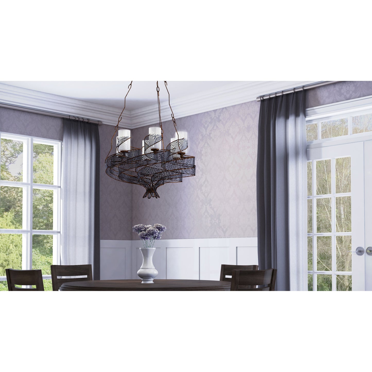 009 SR-817740 | Lifestyle | Flow Chandelier by Varaluz in hammered orange. Made from hammered ore, gloss opal in a modern style.