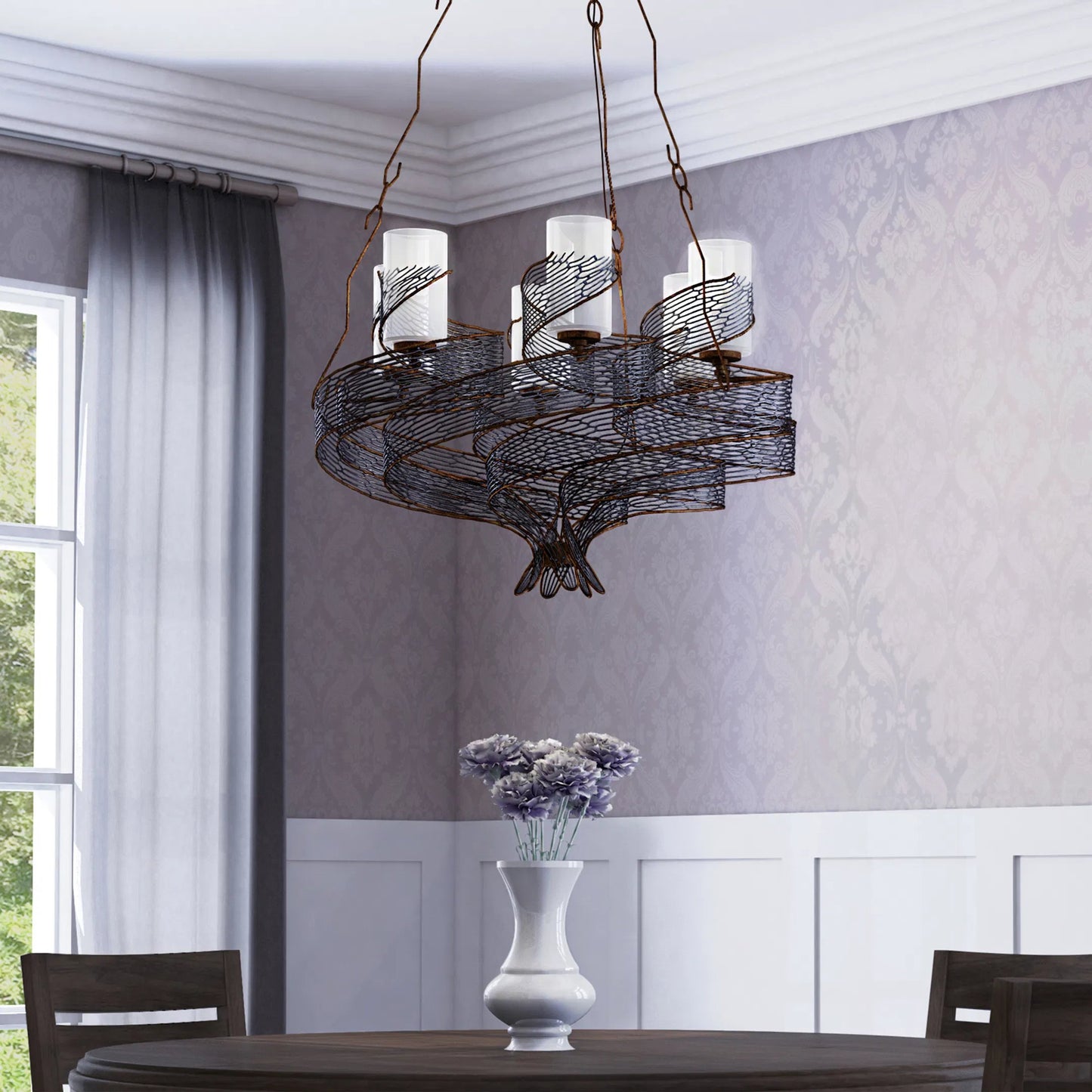 010 SR-817740 | Lifestyle | Flow Chandelier by Varaluz in hammered orange. Made from hammered ore, gloss opal in a modern style.