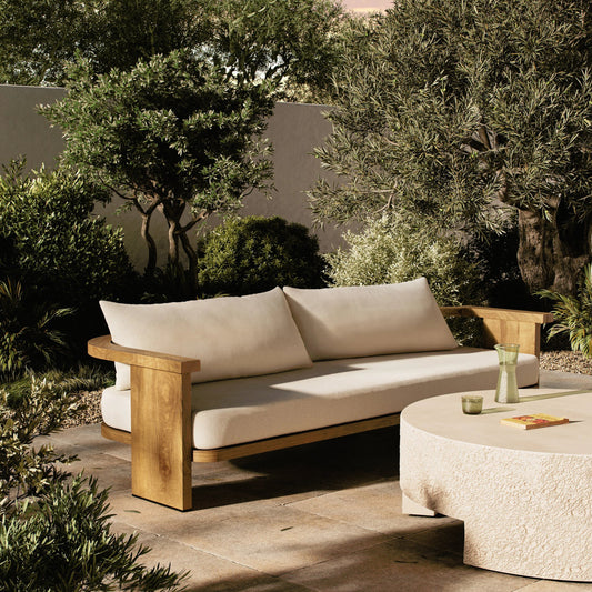 Tahana Outdoor Sofa-96" by Four Hands in alessi linen, stained toasted brown-fsc. Made from 100% polypropylene, solid fsc®-certified teak, 59% polyurethane foam, 30% polyester fiber, 11% polyester fiber batting in a modern styl