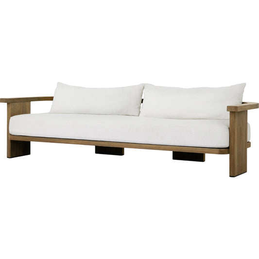 Tahana Outdoor Sofa-96" by Four Hands in alessi linen, stained toasted brown-fsc. Made from 100% polypropylene, solid fsc®-certified teak, 59% polyurethane foam, 30% polyester fiber, 11% polyester fiber batting in a modern s