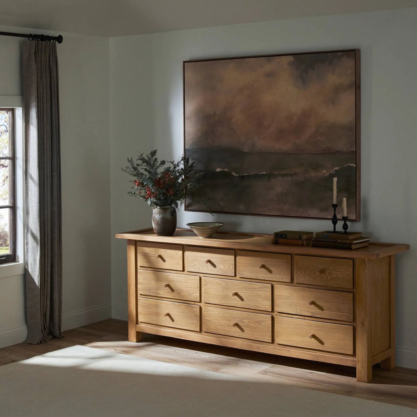 012 SI-2513291 | Lifestyle | Millbrook Dresser by Four Hands in natural light oak veneer. Made from oak veneer, solid oak in a transitional style.