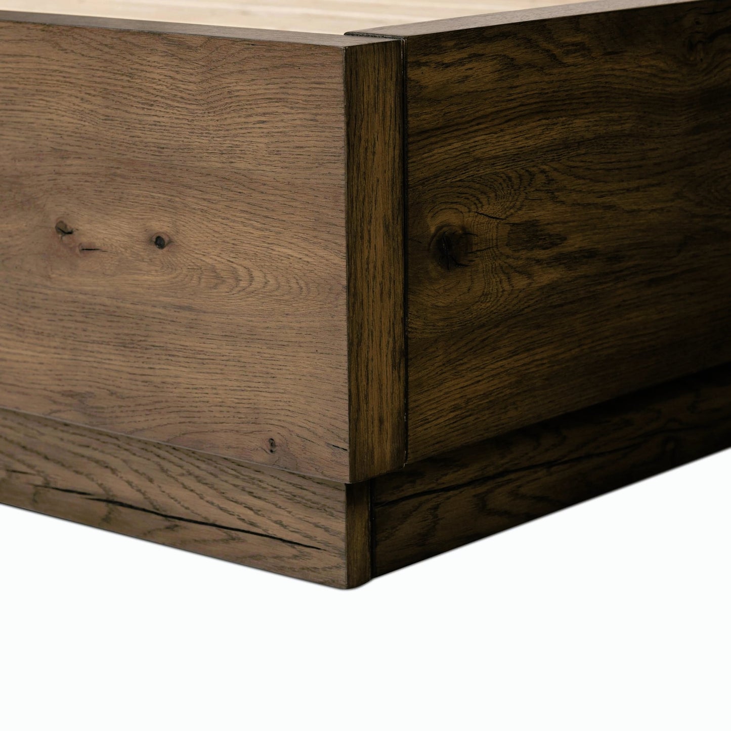 021 SI-2158410 | Closeup | Regan Bed by Four Hands in crete ivory, rustic fawn, rustic fawn veneer. Made from 100% polyester, solid oak, resawn oak in a modern style.