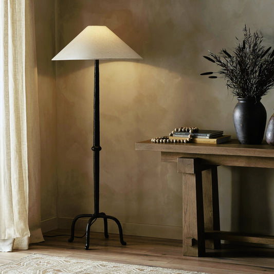 Neville Floor Lamp by Four Hands in matte black cast aluminum, black cord and matte black cast aluminum. Made from aluminum, thermoplastic in a modern style.