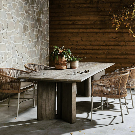 Huxley Outdoor Dining Table 110" by Four Hands in smoke grey. Made from solid fsc®-certified teak in a modern style.