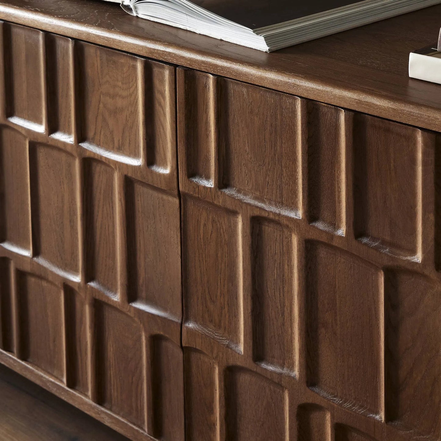 012 SI-2320054 | Closeup | Ezri Media Console by Four Hands in cocoa oak, carved cocoa oak. Made from solid oak in a unique style.