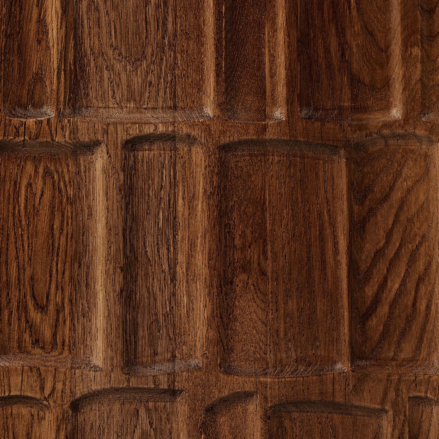 006 SI-2320054 | Closeup | Ezri Media Console by Four Hands in cocoa oak, carved cocoa oak. Made from solid oak in a unique style.
