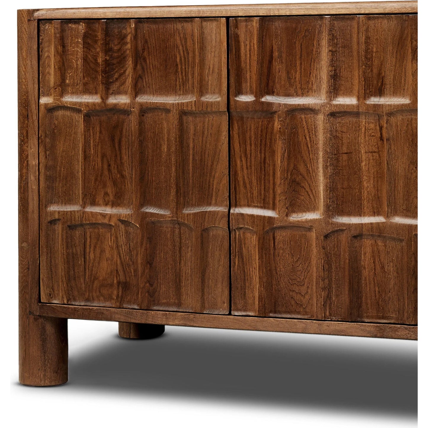 008 SI-2320054 | Closeup | Ezri Media Console by Four Hands in cocoa oak, carved cocoa oak. Made from solid oak in a unique style.