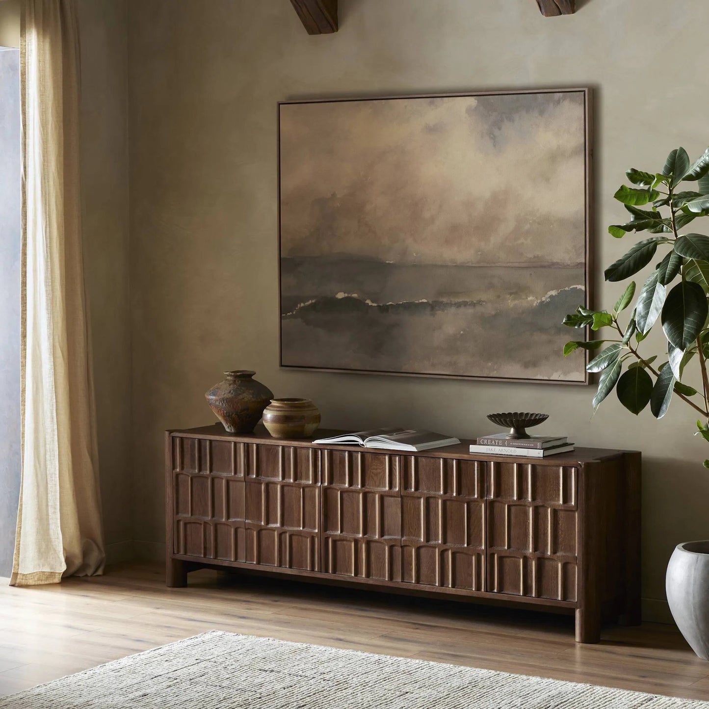 014 SI-2320054 | Lifestyle | Ezri Media Console by Four Hands in cocoa oak, carved cocoa oak. Made from solid oak in a unique style.
