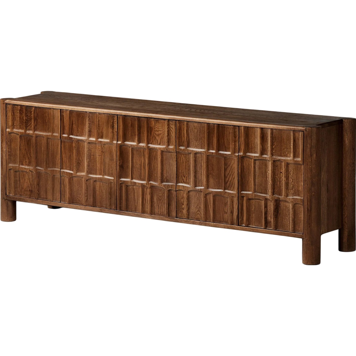 001 SI-2320054 | Primary Silo | Ezri Media Console by Four Hands in cocoa oak, carved cocoa oak. Made from solid oak in a unique style.
