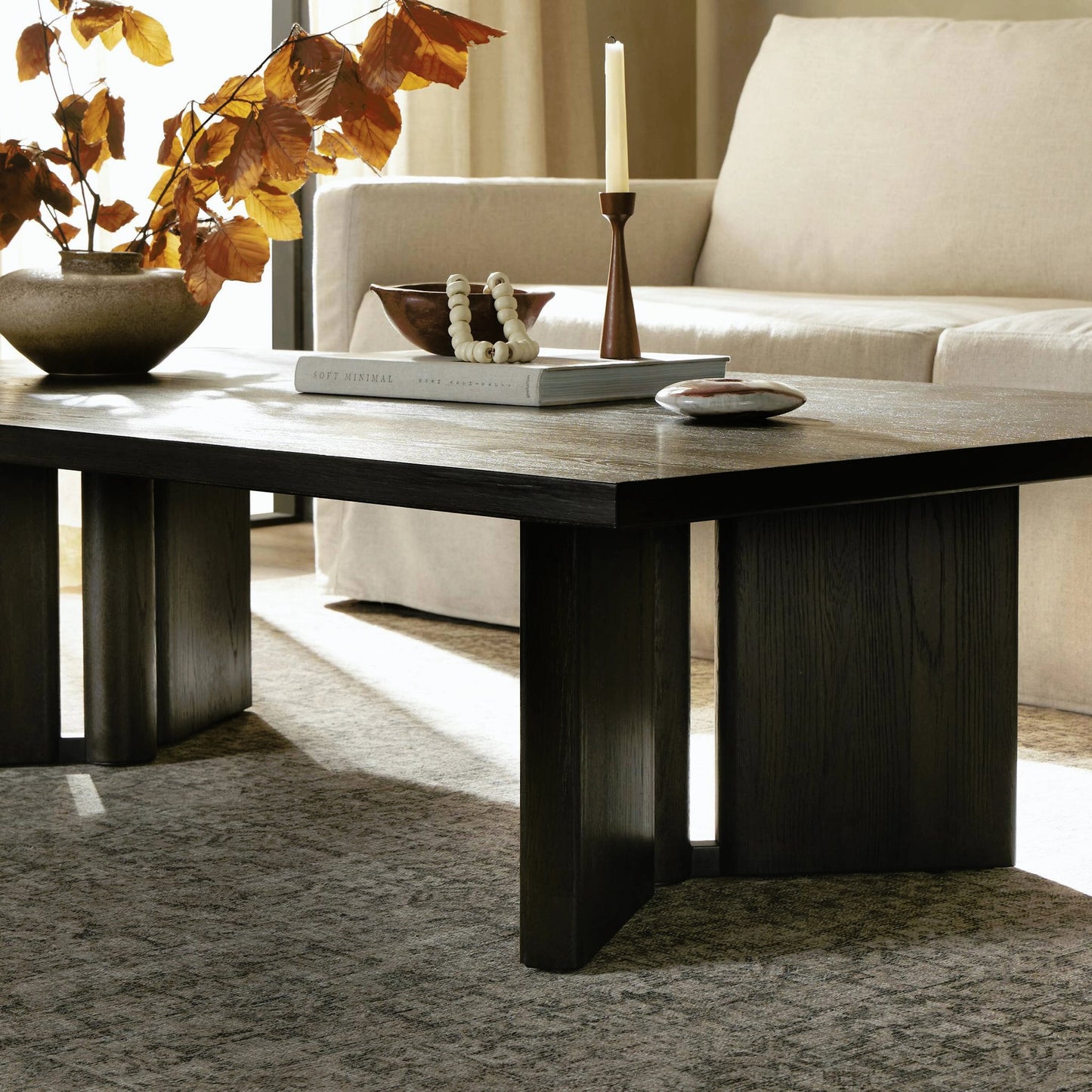 010 SI-2158204 | Closeup | Huxley Coffee Table by Four Hands in smoked black veneer. Made from thick oak veneer, solid oak in a modern style.